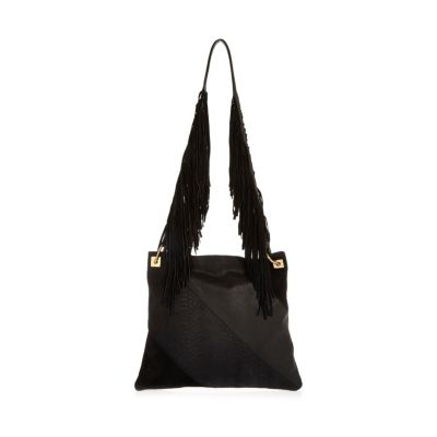 Black leather fringe cross body handbag